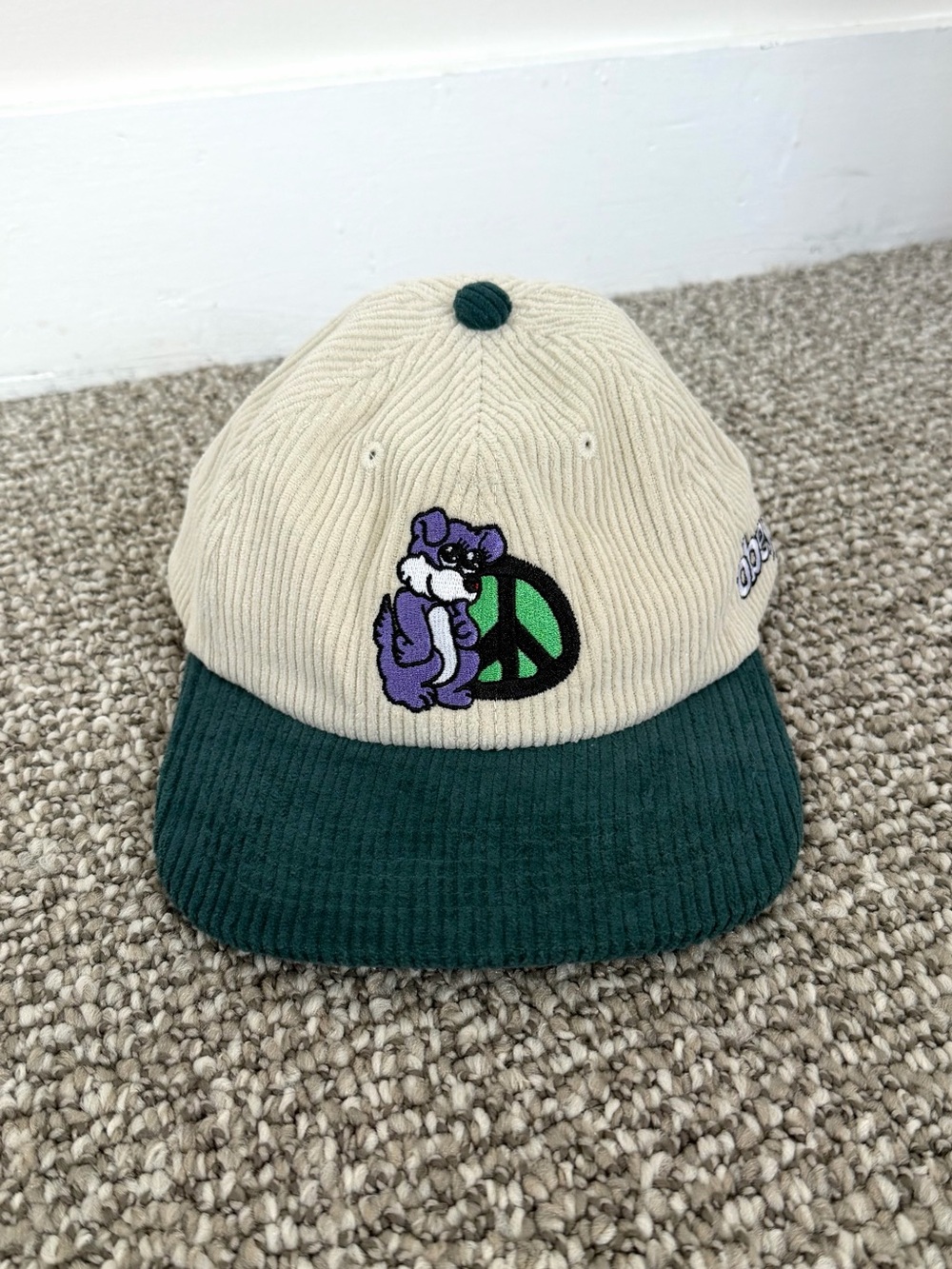 Obey Beige Corduroy Cap with Dark Green Brim and Embroidery